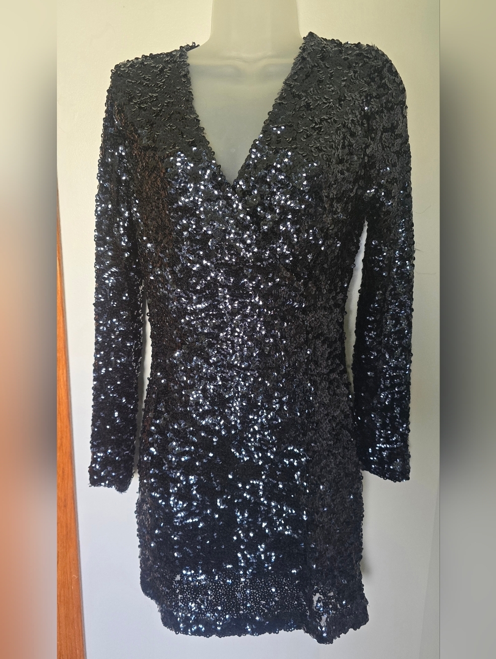 Venus Sequin Long Sleeve Mini Dress Womens size small Black Dark Blue Bodycon - Picture 2 of 13